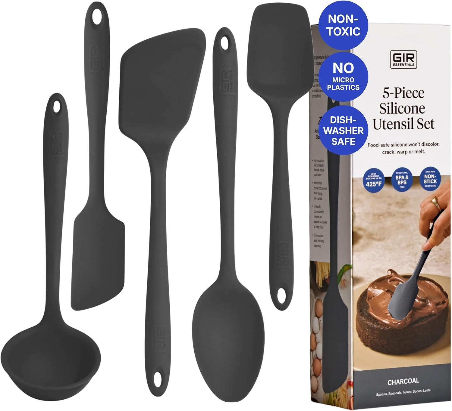 GIR 5-Piece Silicone Kitchen Utensil Set in Charcoal — non-toxic BPA-free no micro plastics spatula spoon spoonula ladle and turner on white background