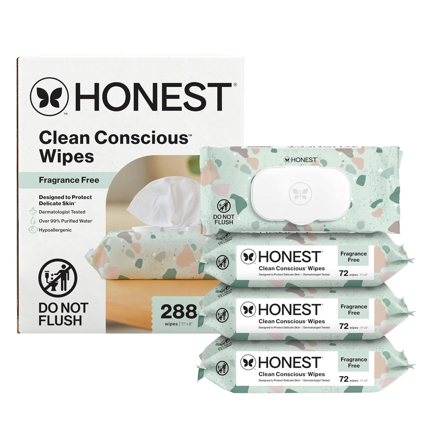 The Honest Company Clean Conscious Baby Wipes 288 count — hypoallergenic fragrance-free wipes for sensitive newborn skin in geo terrazzo pattern packaging
