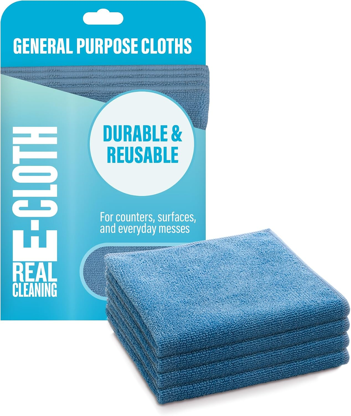 Four blue E-Cloth General Purpose microfiber cleaning cloths beside turquoise packaging on a white background.