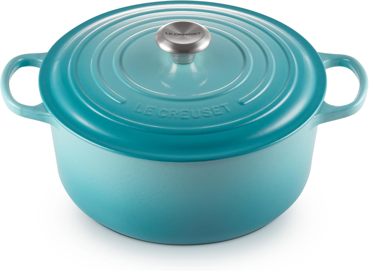 Le Creuset Enameled Cast Iron Dutch Oven 6.7 quart in Caribbean — PFAS-free non-toxic teal enameled cast iron pot with lid on white background