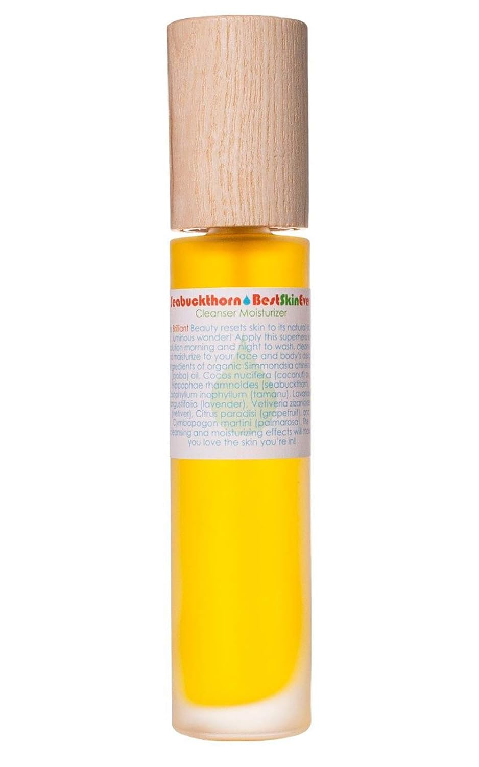 Living Libations Seabuckthorn Best Skin Ever in a vivid golden yellow glass bottle with natural wooden cap on white background