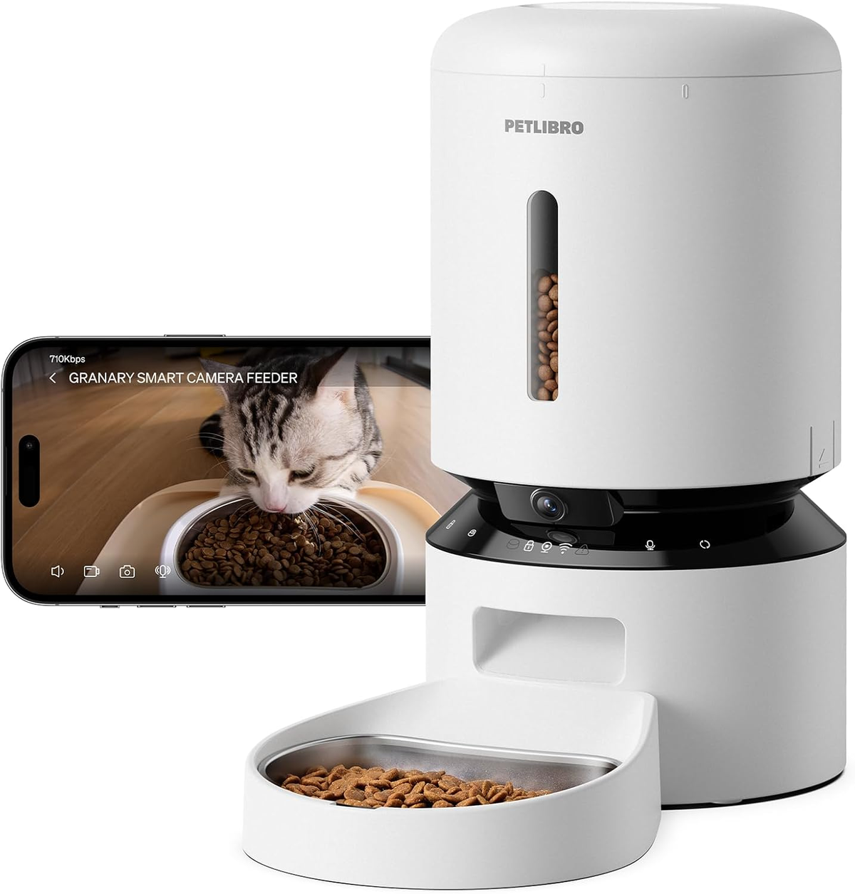 White PETLIBRO automatic cat feeder with camera and food bowl, alongside a phone displaying a cat eating.