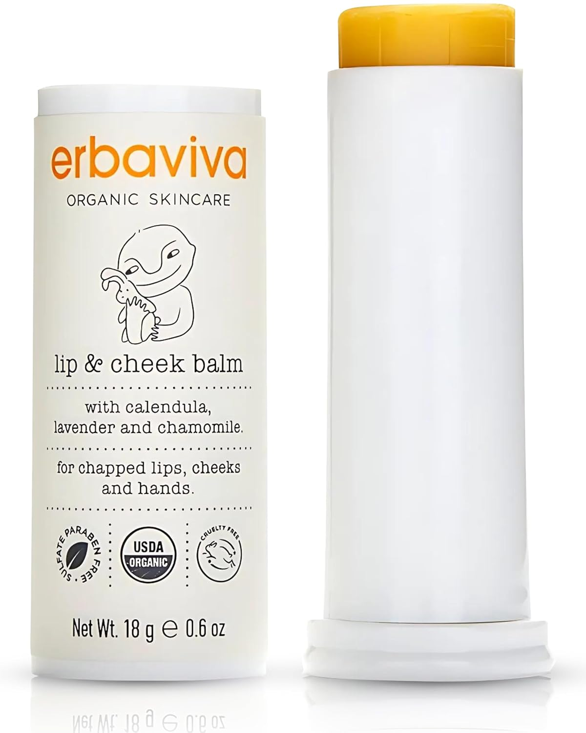 Erbaviva Organic Lip & Cheek Balm — USDA Organic, Calendula, Lavender & Chamomile, 0.6 oz twist-up stick for babies and adults