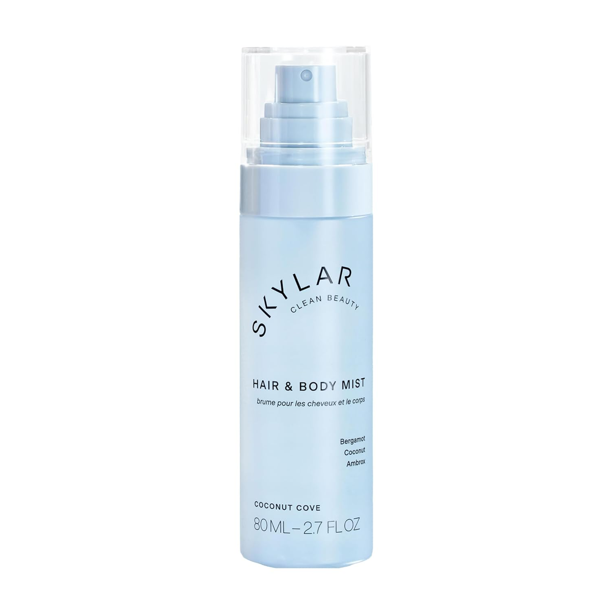 Skylar Coconut Cove Hair & Body Mist — light blue pump bottle, bergamot coconut ambrox scent, clean hypoallergenic vegan fragrance, 2.7 fl oz