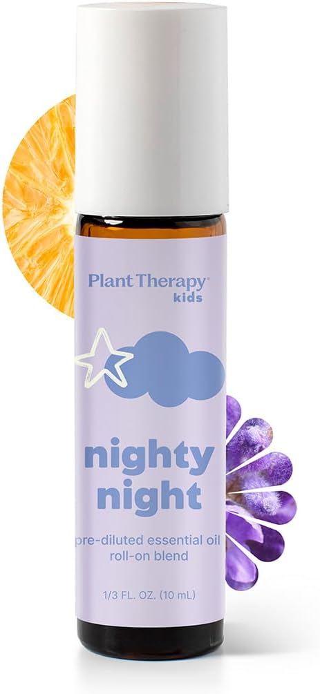 Plant Therapy Kids Nighty Night pre-diluted essential oil roll-on blend, soft lavender purple label with cloud and star graphic, white cap on amber glass bottle, 10 mL, KidSafe sleep support blend