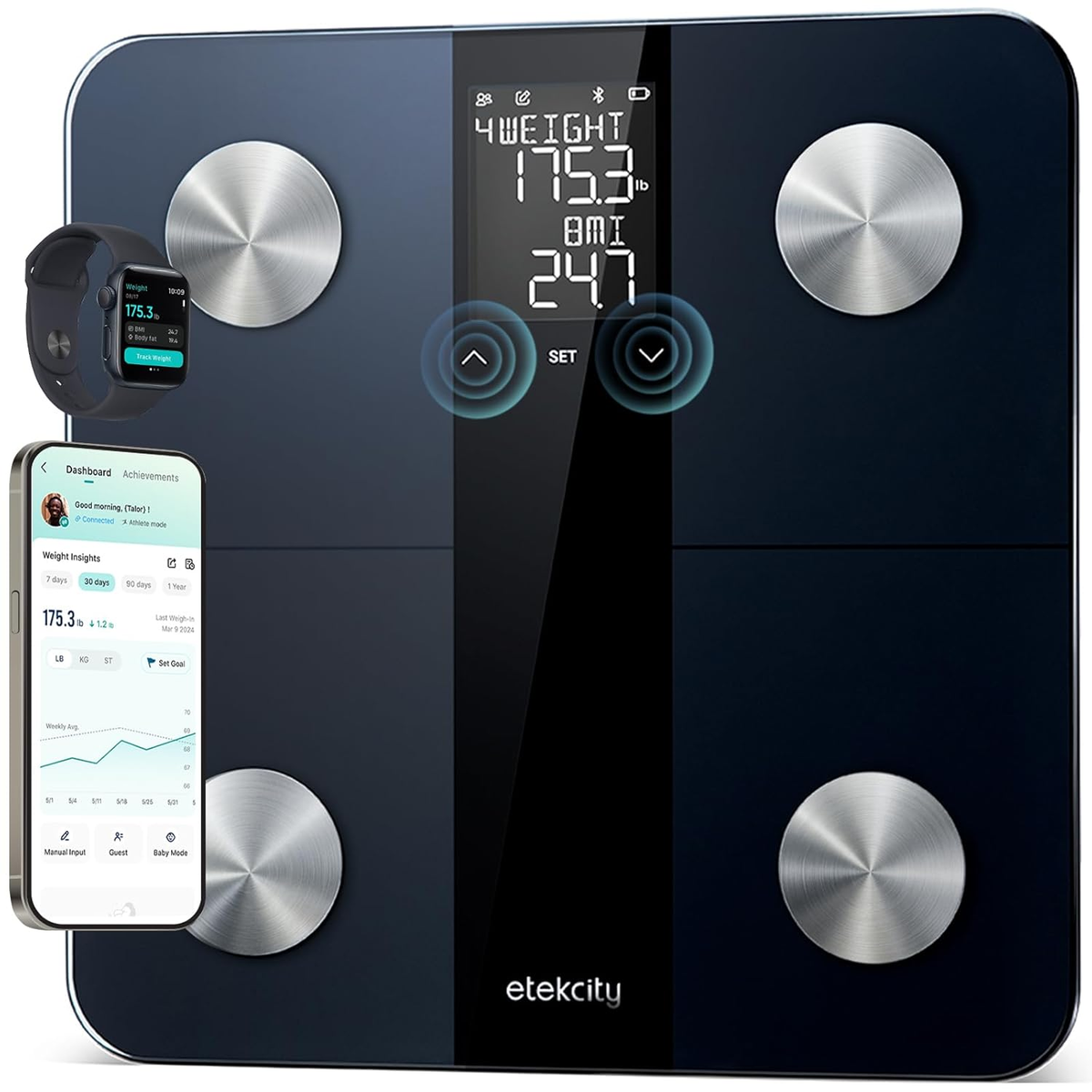 Etekcity upgraded smart scale showing BMI and weight display with smartphone app dashboard on white background — BodyWell1.com