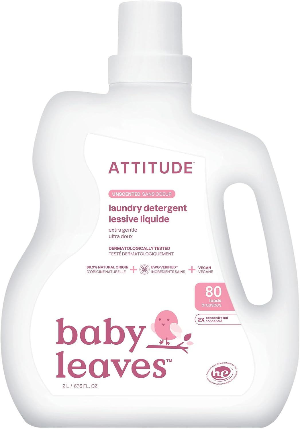 ATTITUDE Baby Leaves fragrance-free baby laundry detergent bottle labeled for 80 loads on a clean white background.