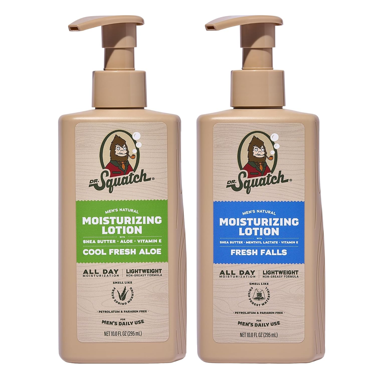 Dr. Squatch Natural Moisturizing Lotion 2-Pack featuring Cool Fresh Aloe with green label and Fresh Falls with blue label, two tan pump bottles with woodgrain texture on a white background.