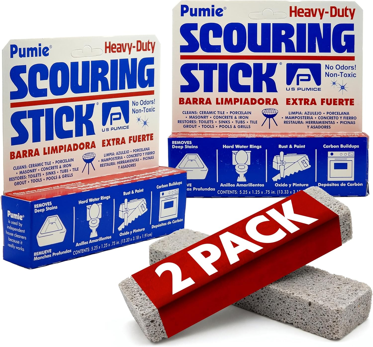 Two gray PUMIE heavy-duty scouring sticks with blue and red packaging and a two-pack banner on a white background.