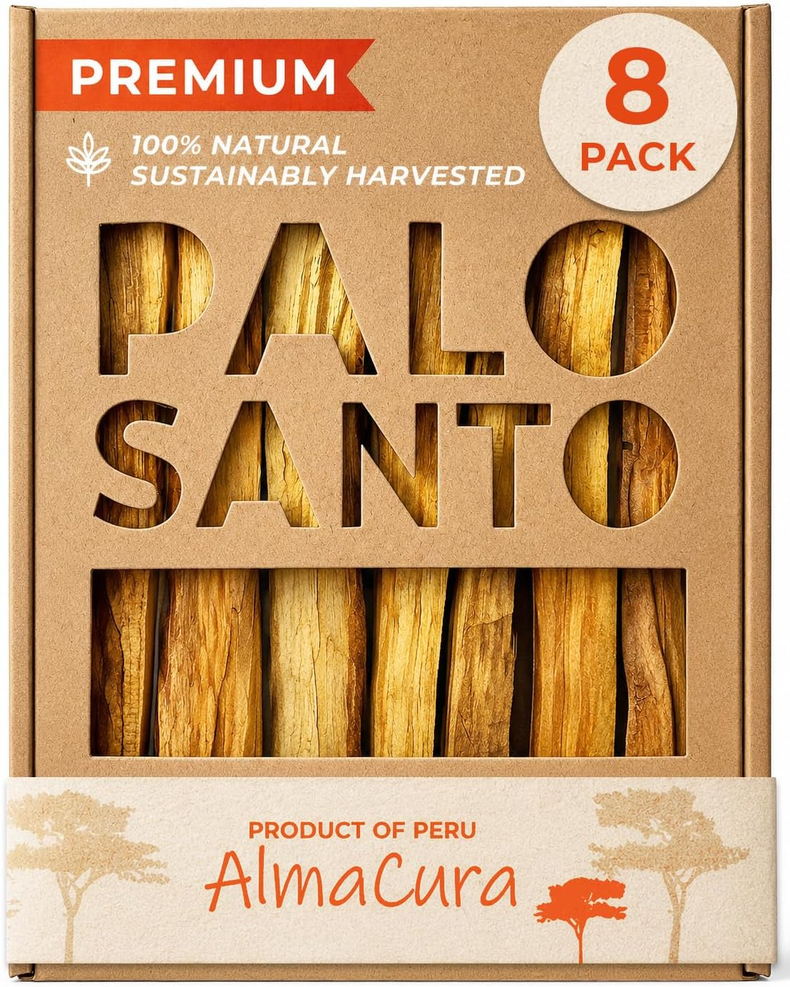 AlmaCura Palo Santo Sticks 8-Pack in premium kraft box showing resin-rich wild-harvested Peruvian Bursera graveolens wood for smudging and meditation