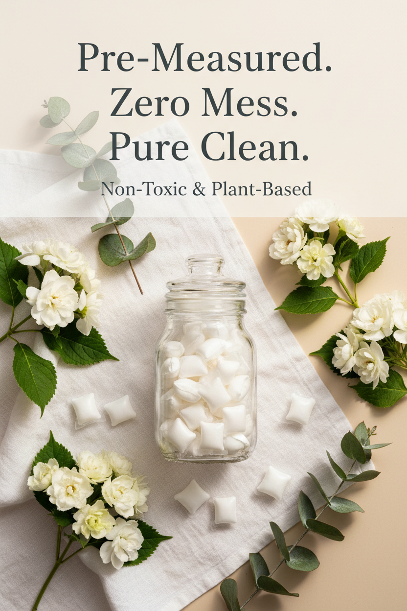 Dropps Sensitive Skin Laundry Pods in a glass jar surrounded by white flowers and eucalyptus on white linen — non-toxic, plant-based laundry pods safe for sensitive skin and families.