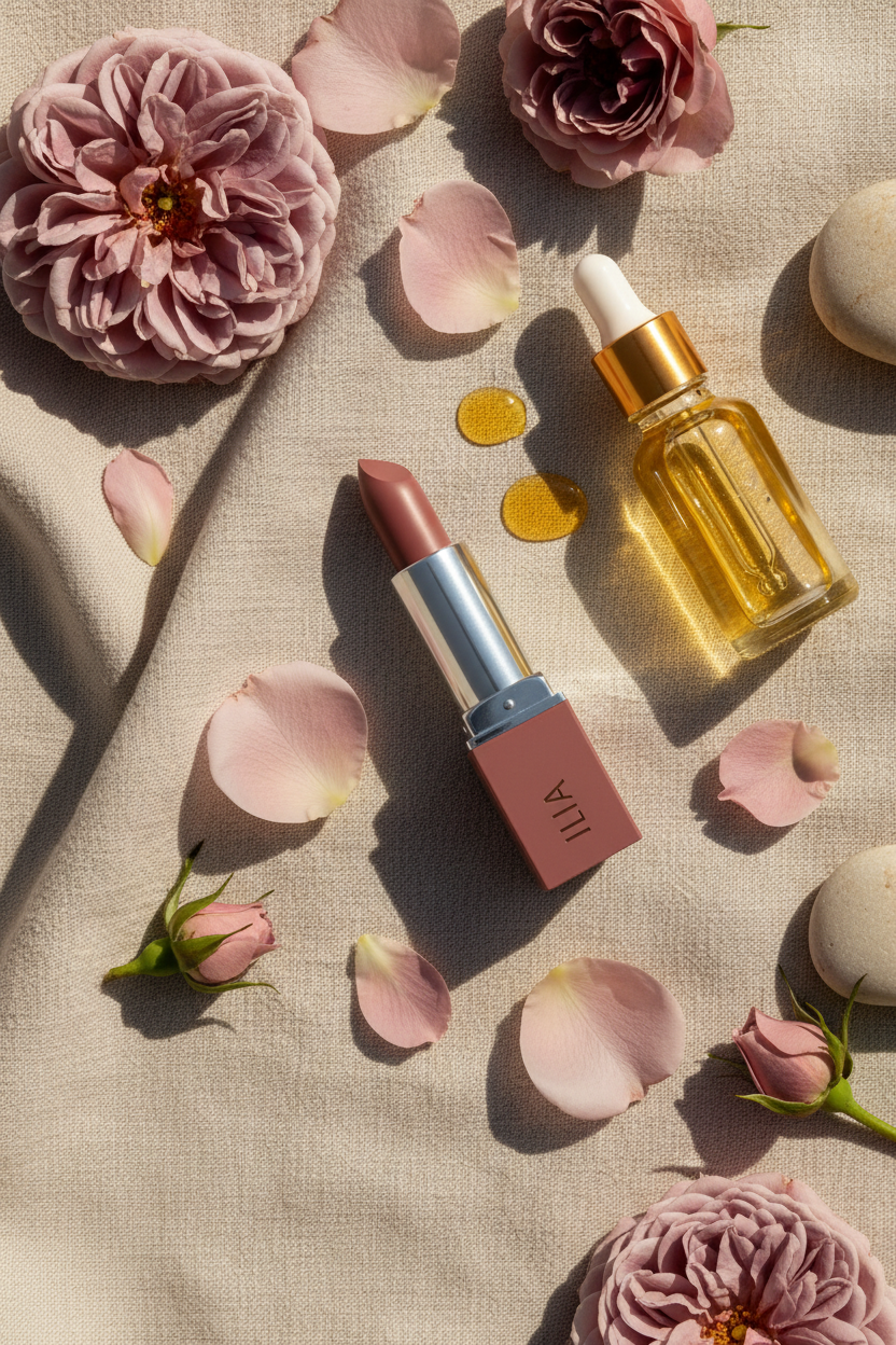 ILIA Color Block Lipstick Wild Rose — clean beauty editorial flat lay