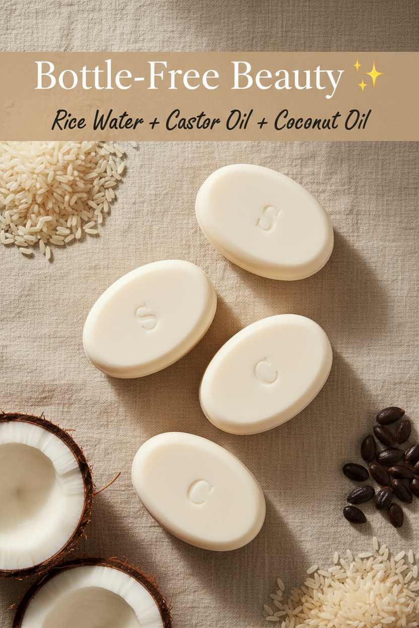 Kitsch shampoo bars with castor oil seeds and coconut on linen background