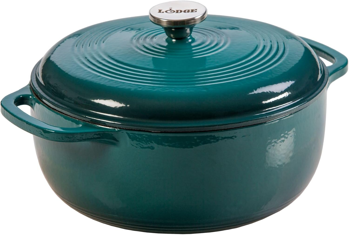 Lodge Essential Enamel Cast Iron Dutch Oven 6 quart in Lagoon — PFAS-free, oven safe to 500°F, teal enameled cast iron pot with lid on white background