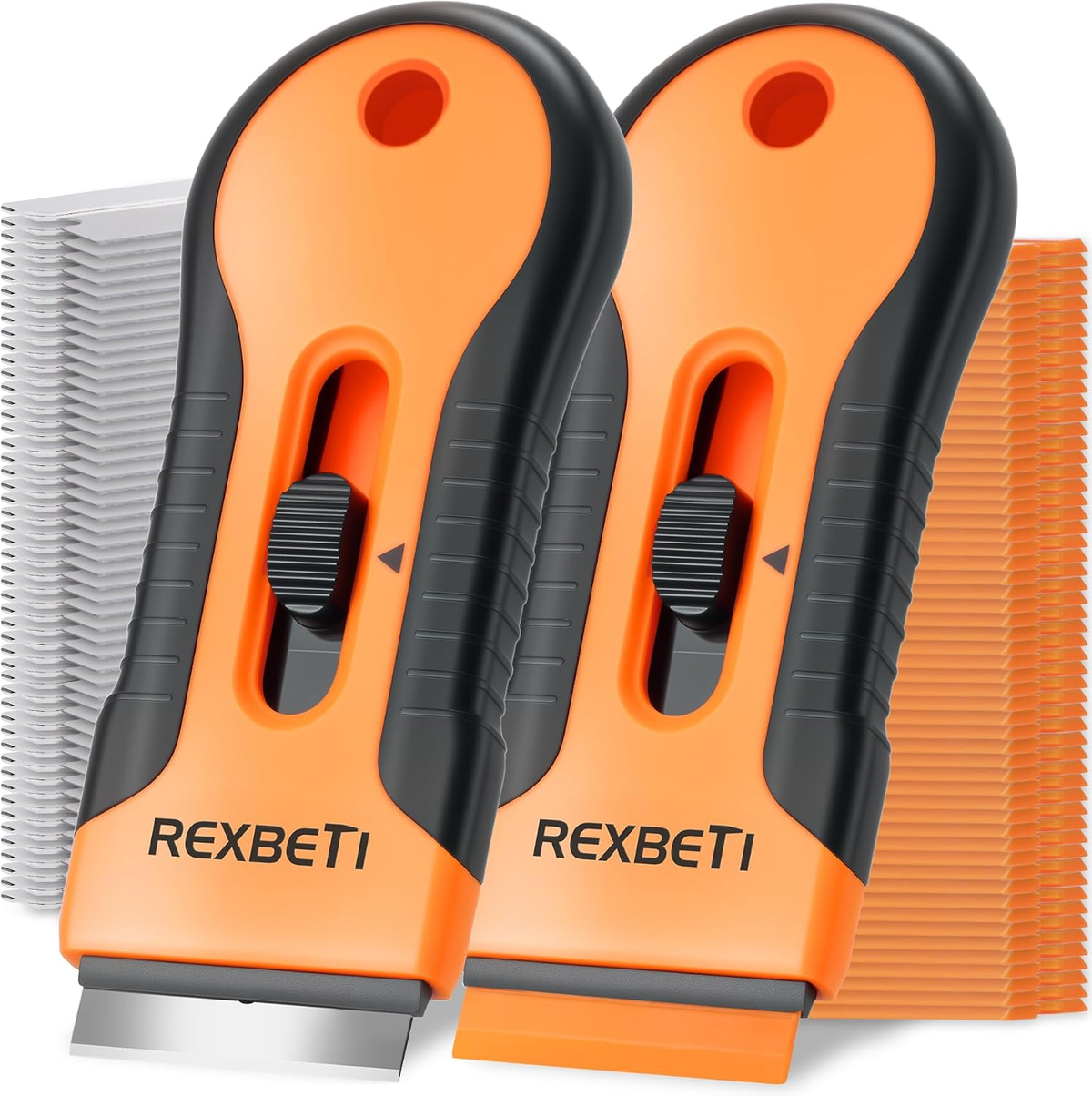 REXBETI razor blade scraper 2-pack with metal and plastic replacement blades on a white background