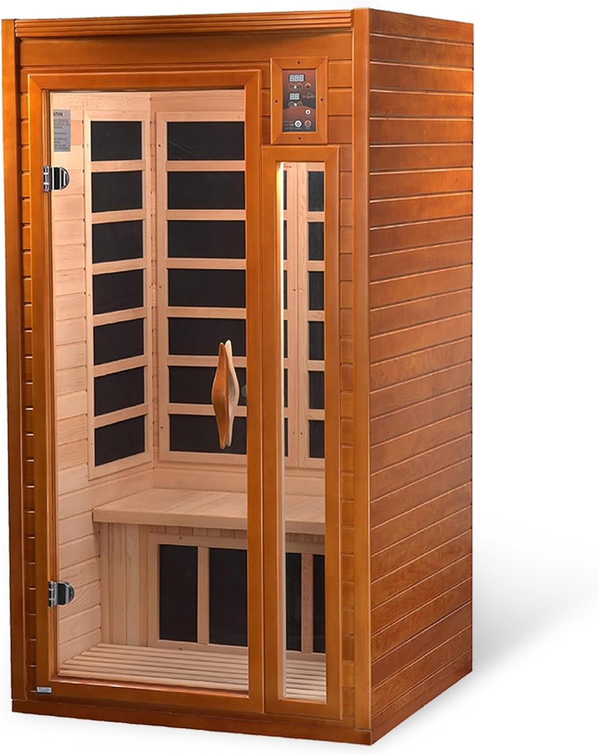 Dynamic Saunas Barcelona 1-2 Person Far Infrared Sauna with Red Light Therapy — Canadian Hemlock wood, low EMF carbon panels, chromotherapy lighting for heart health and recovery