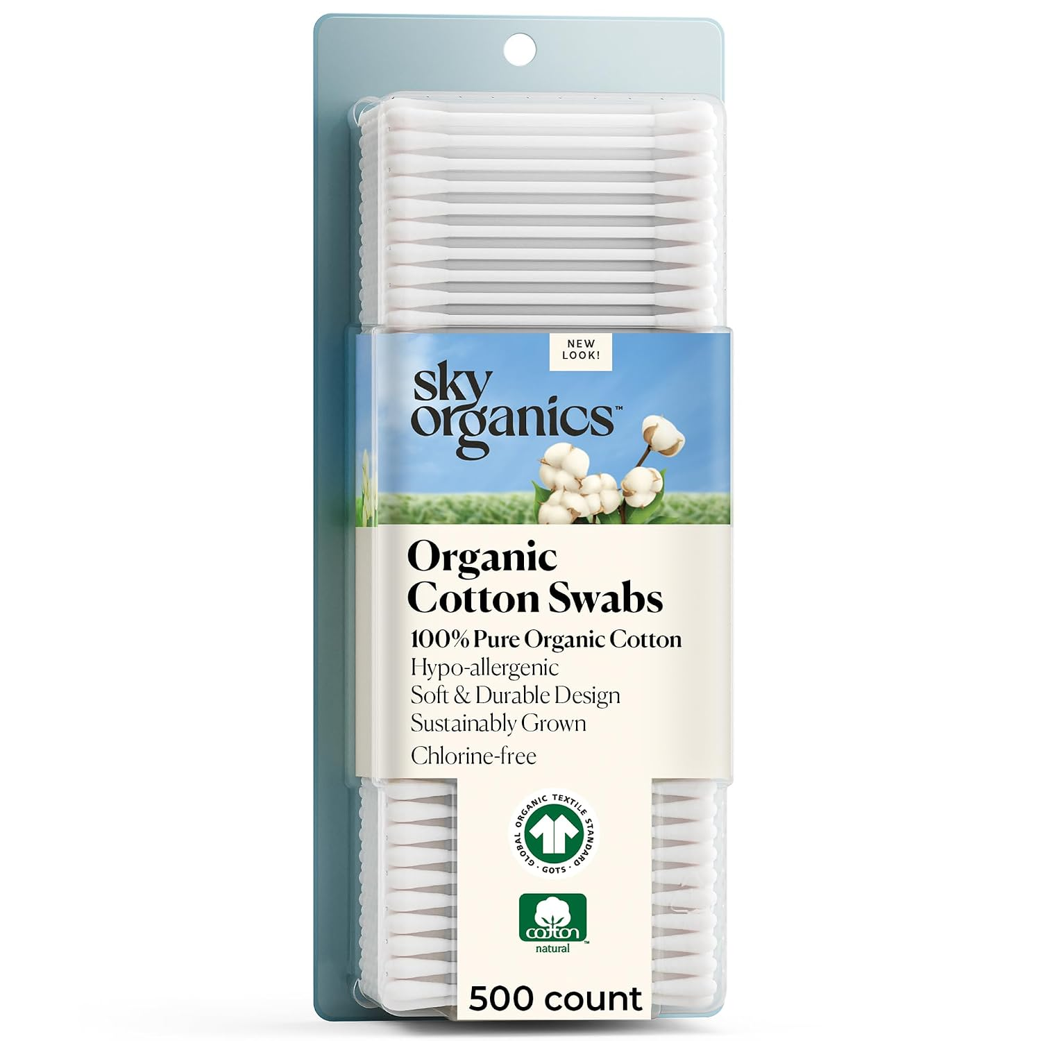 Sky Organics Organic Cotton Swabs 500 count package with blue sky and cotton plant imagery, GOTS certified organic cotton, chlorine-free and hypoallergenic