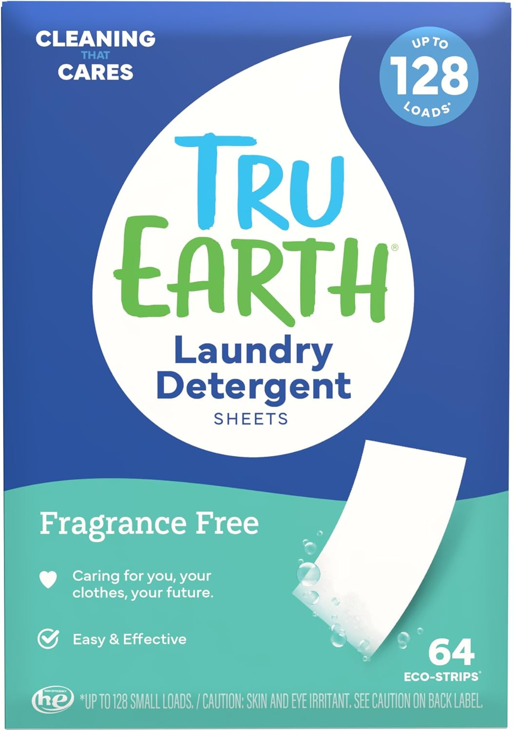 Tru Earth Laundry Detergent Sheets 64 eco-strips up to 128 loads, fragrance-free, plastic-free, hypoallergenic zero-waste laundry strips on white background