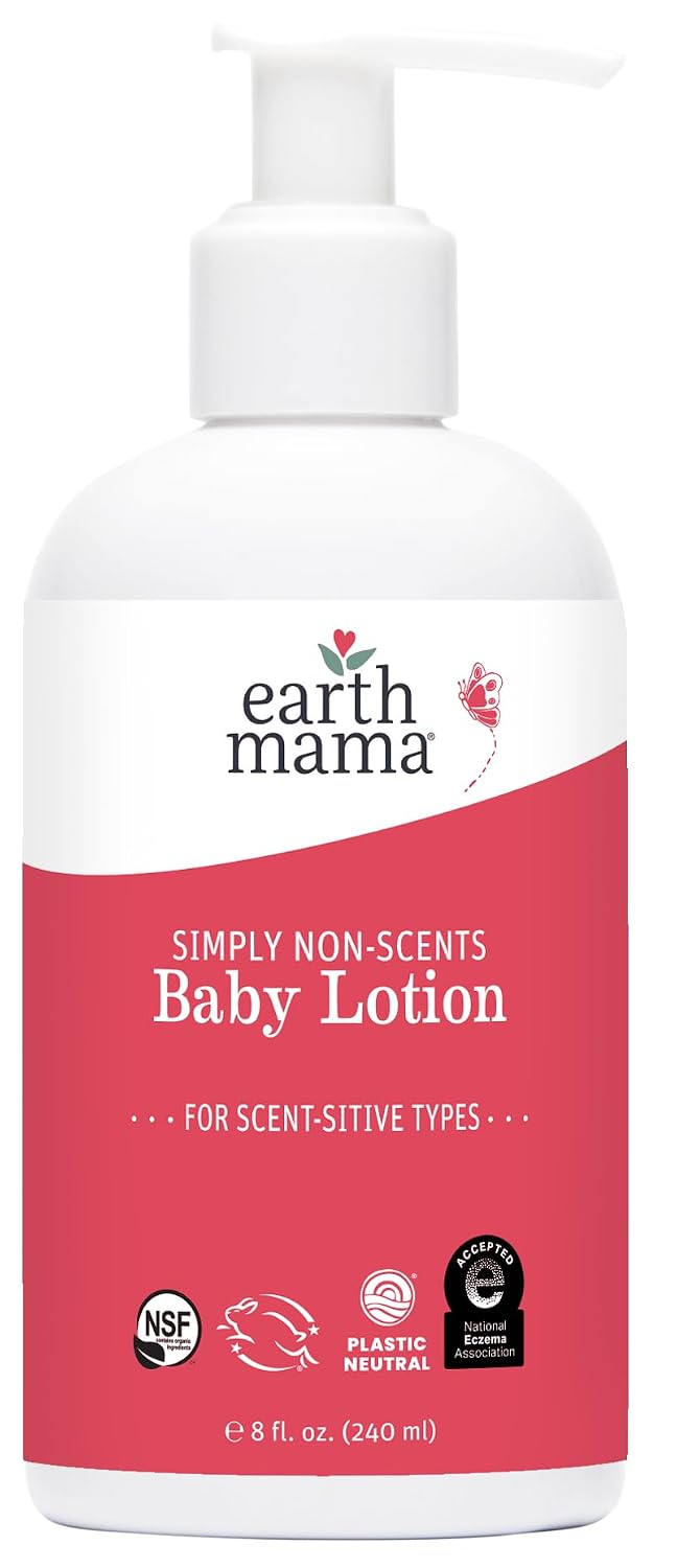 Earth Mama Simply Non-Scents Baby Lotion 8 oz fragrance-free calendula cream for newborn dry skin — NSF certified organic, National Eczema Association accepted