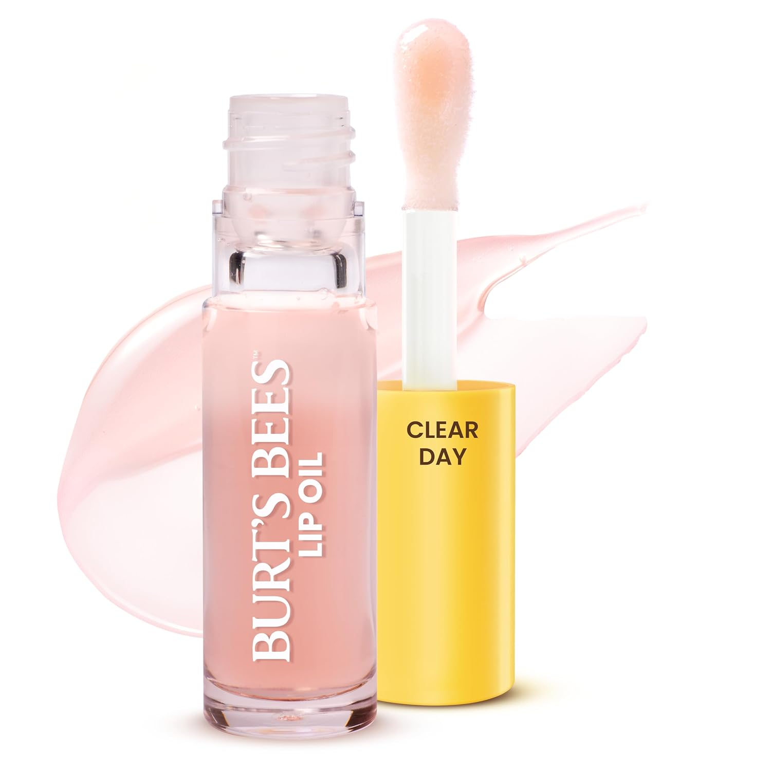 Burt's Bees Lip Oil Clear Day — tint-free high shine lip oil with jojoba oil, wand applicator, and product swatch on white background