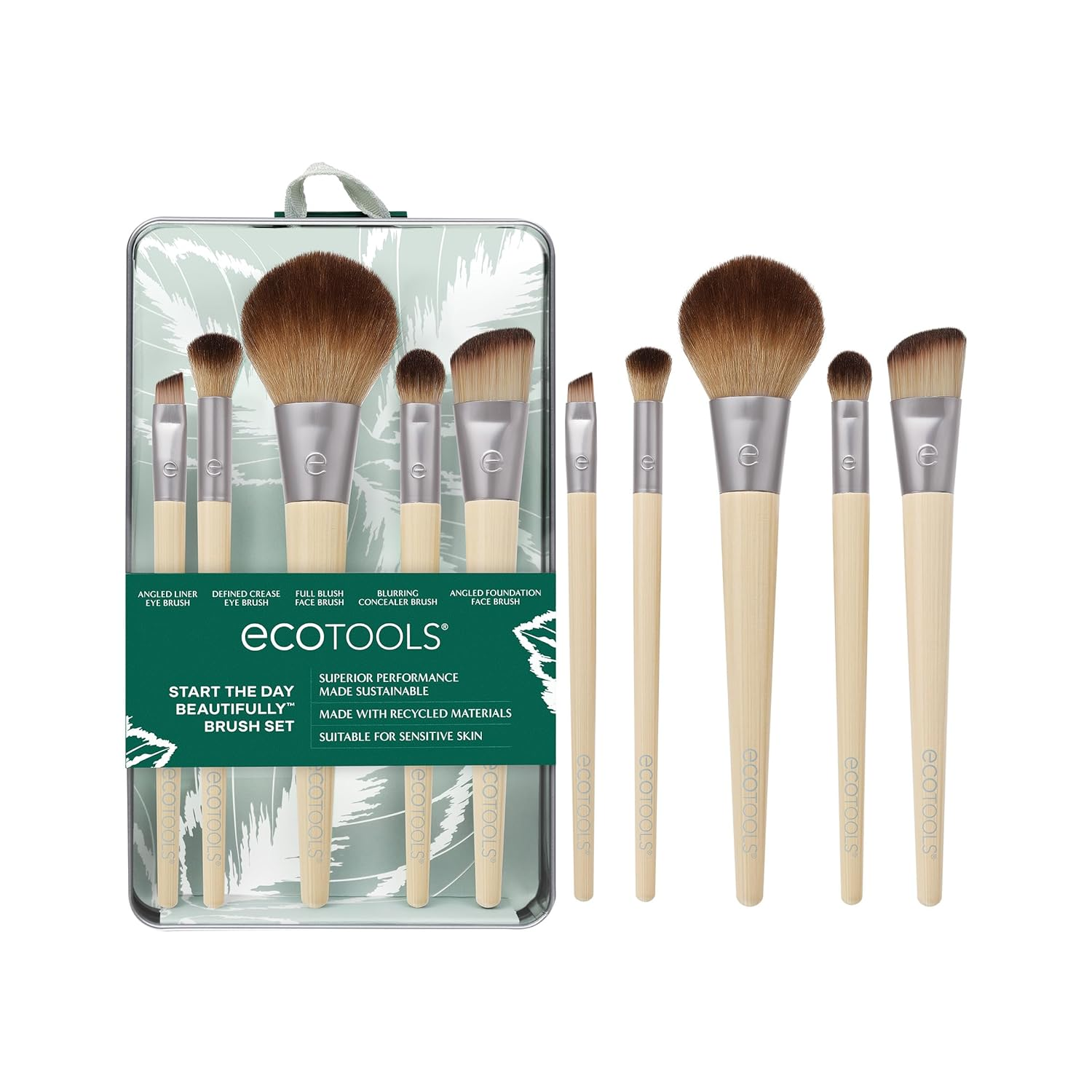 EcoTools 6 Piece Start the Day Beautifully Makeup Brush Set with Taklon vegan bristles, bamboo handles, and reusable storage tin