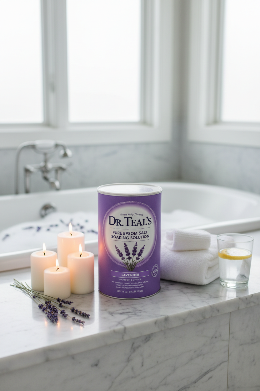 Dr. Teal's Lavender Epsom Salt bath soak container beside a drawn bubble bath with lavender sprigs and white candles on a marble bathroom ledge
