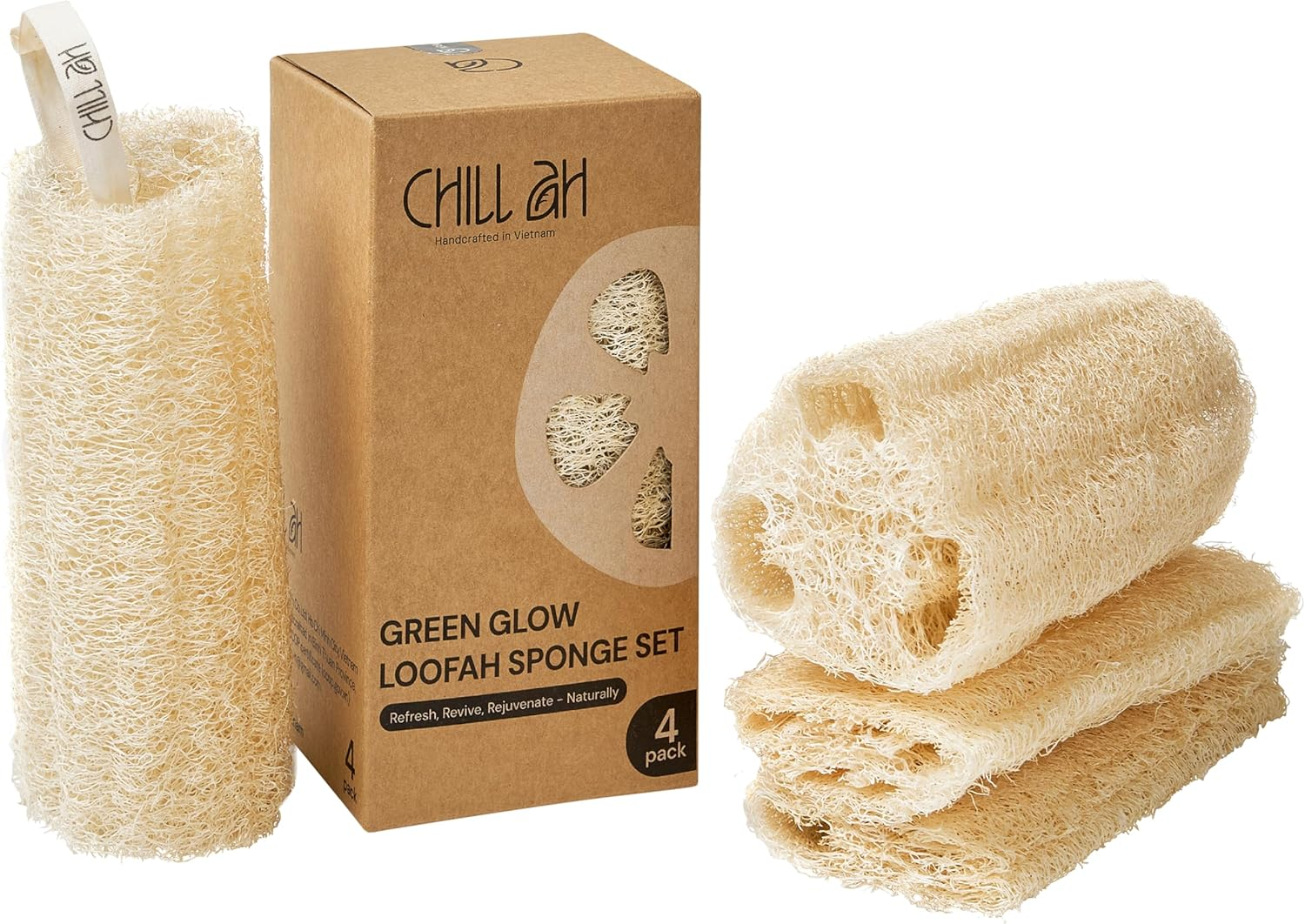 Chill Ah Green Glow Natural Loofah Sponge Set 4-Pack with kraft box — 100% plant-based dye-free biodegradable bath exfoliator handcrafted in Vietnam