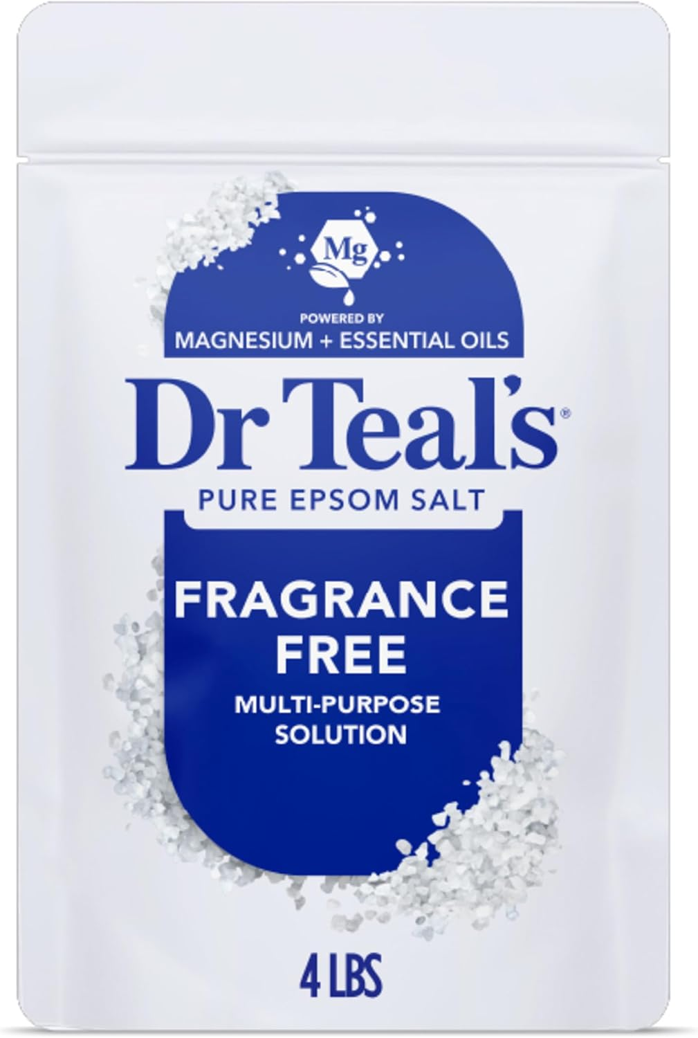 Dr. Teal's Pure Epsom Salt Magnesium Soak Fragrance Free 4 lbs white bag — clean nail soak and bath soak with pure magnesium sulfate
