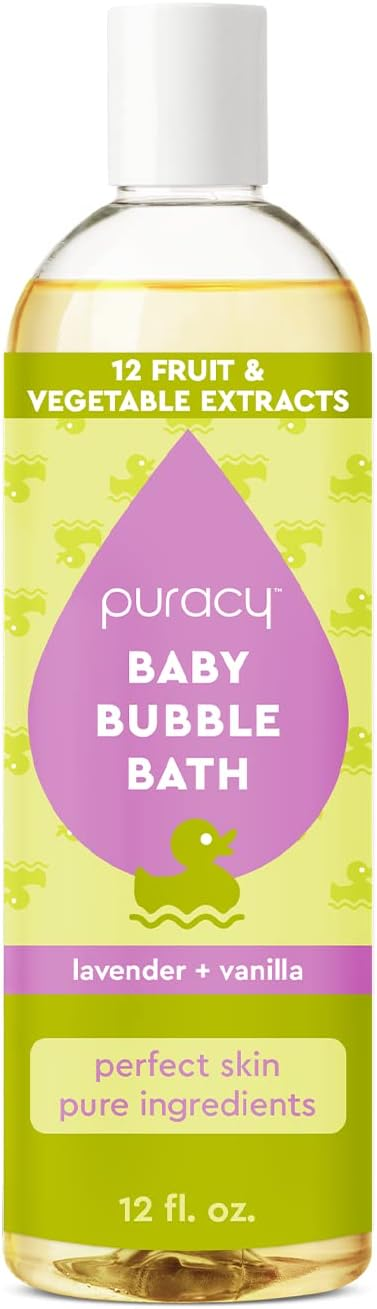 Puracy Baby Bubble Bath lavender and vanilla 12 fl oz bottle with 12 fruit and vegetable extracts on white background