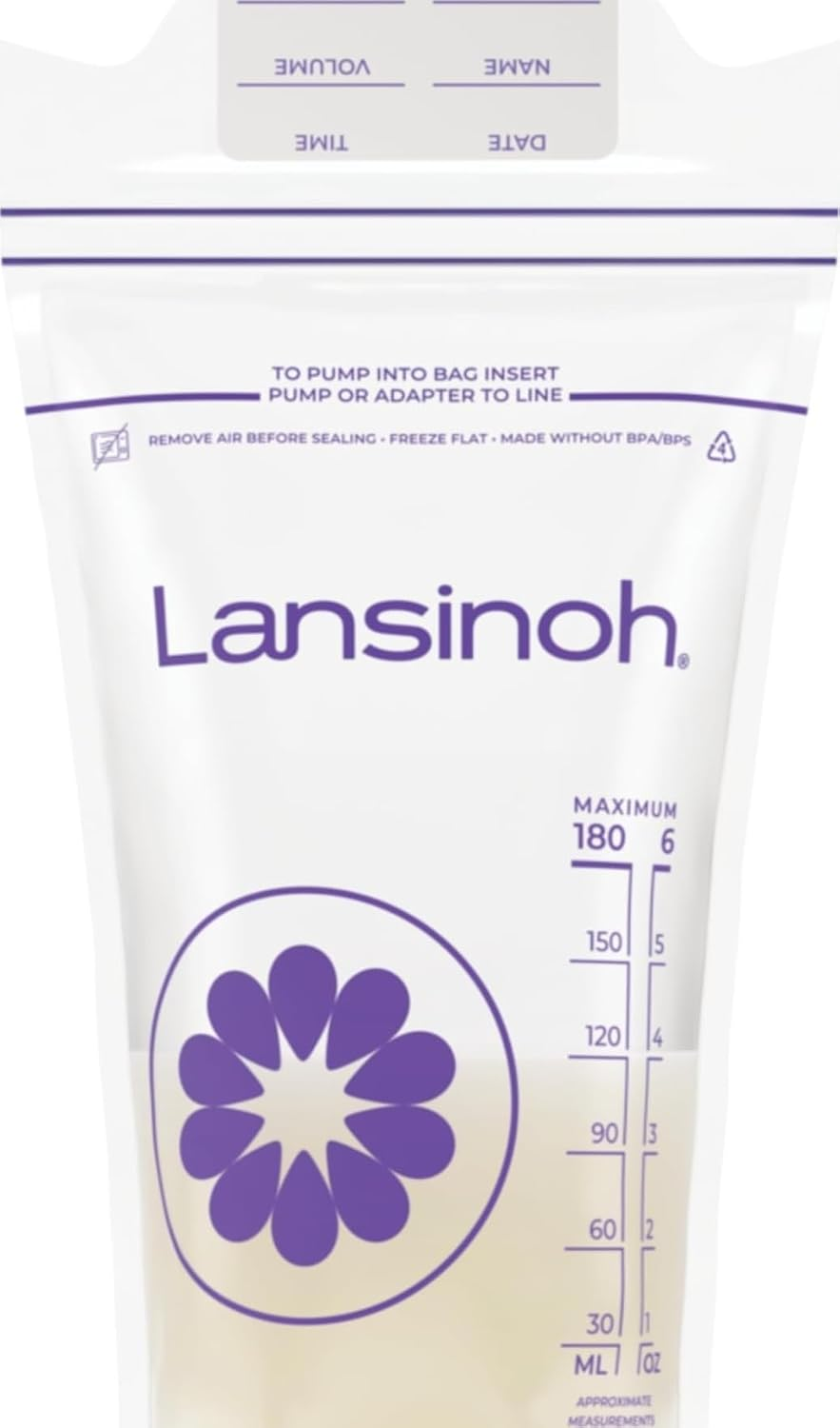 Lansinoh Breastmilk Storage Bag — BPA and BPS free, presterilized, with double zipper seal and measurement markings on white background