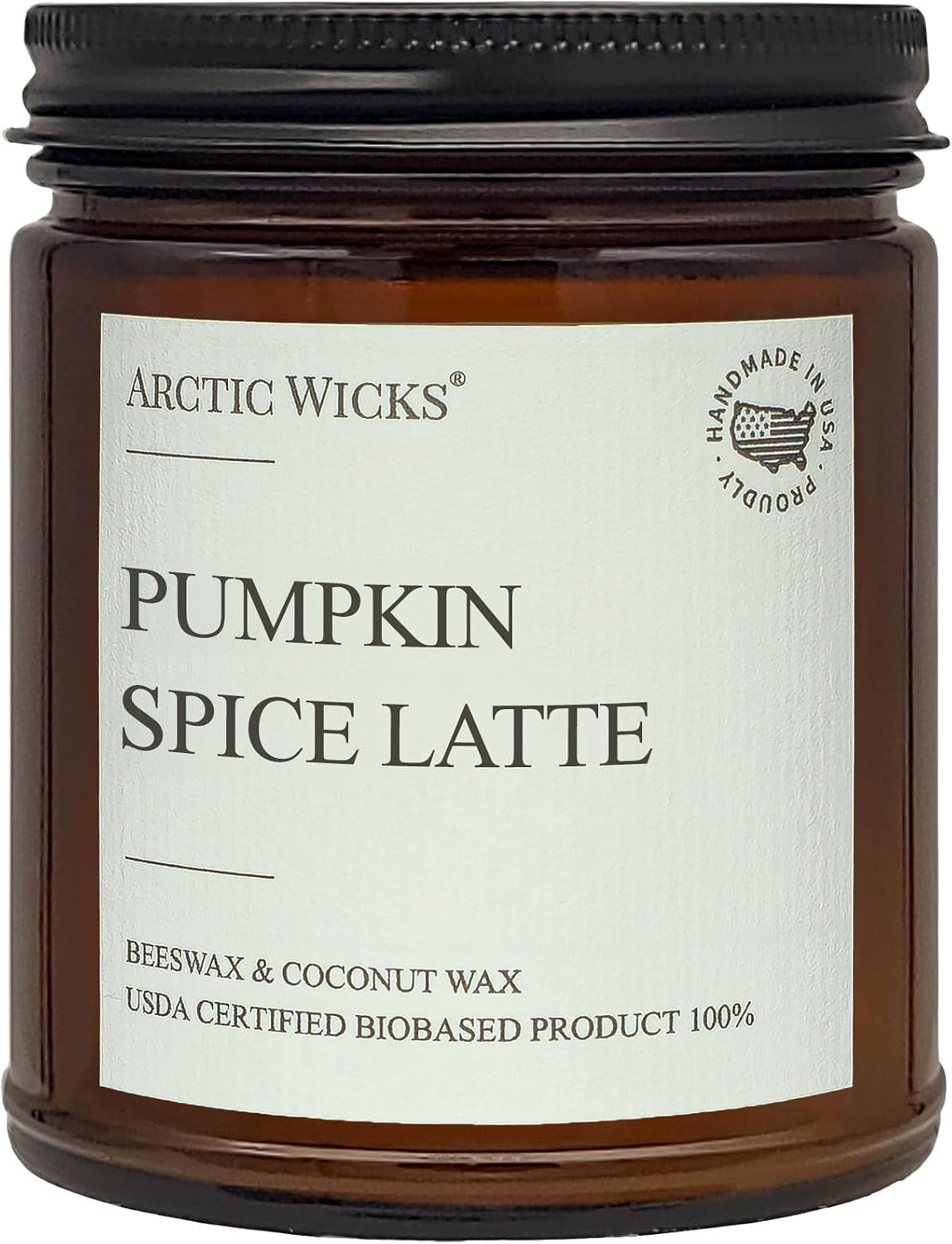 Arctic Wicks Pumpkin Spice Latte coconut beeswax candle in amber jar — USDA Certified Biobased, non-toxic, handmade in USA — BodyWell1