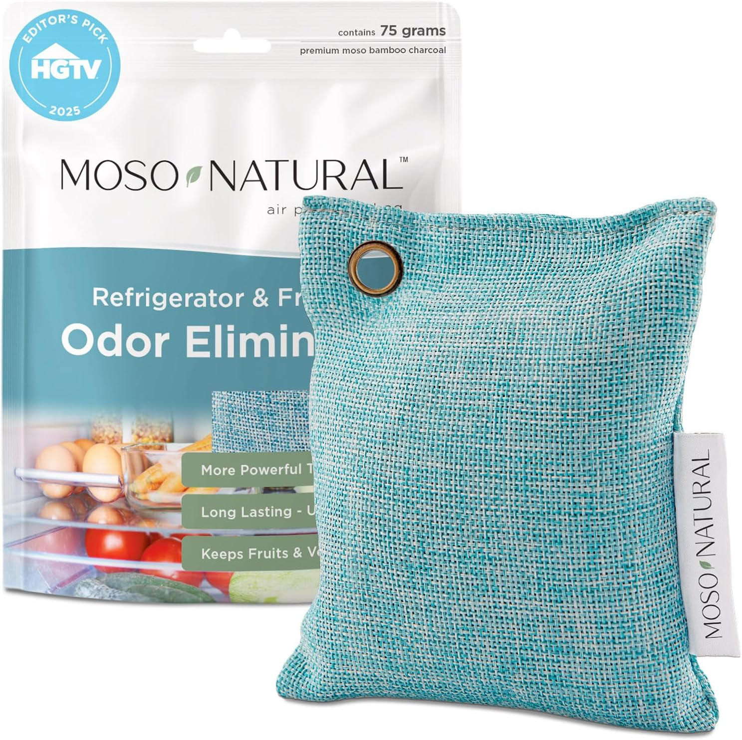 Moso Natural Fridge Deodorizer teal woven bamboo charcoal bag with HGTV Editors Pick 2025 badge and refrigerator odor eliminator packaging on white background