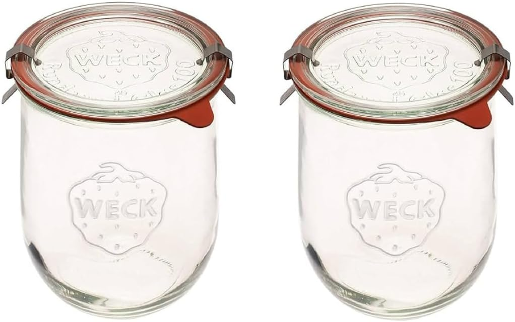 Weck tulip jars 1 liter 2-pack wide mouth glass canning jars with glass lids rubber gaskets and stainless steel clips on white background