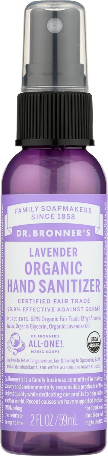 Dr. Bronner's Organic Lavender Hand Sanitizer 2oz spray bottle — USDA Organic, Fair Trade Certified, 99.9% effective against germs, only 4 clean ingredients
