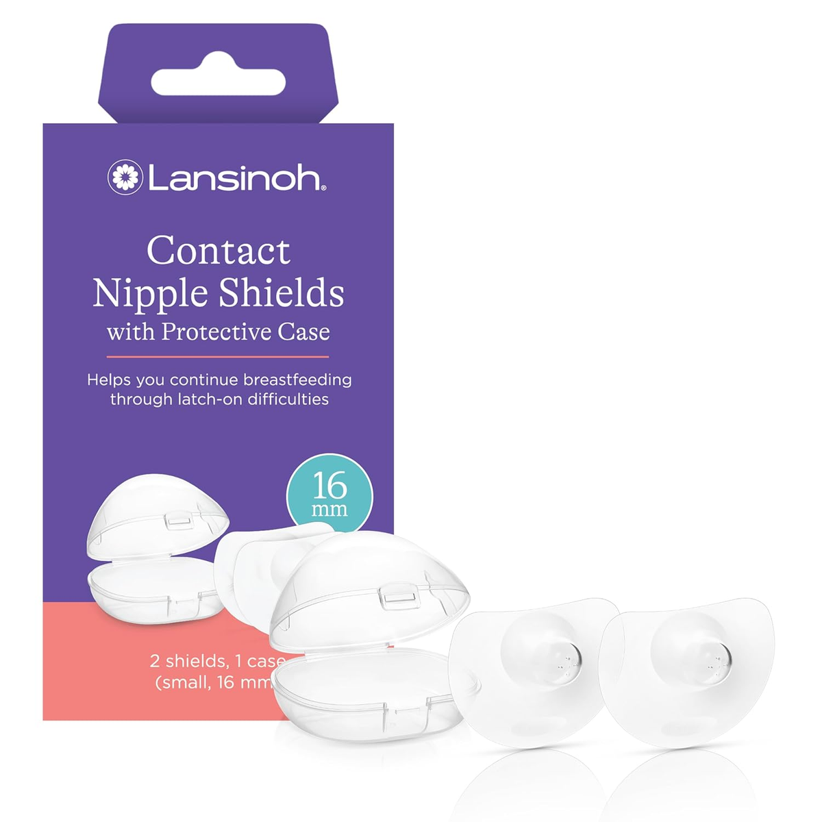 Lansinoh Contact Nipple Shields 16mm with protective case — 2 ultra-thin soft silicone shields for nursing mothers on white background