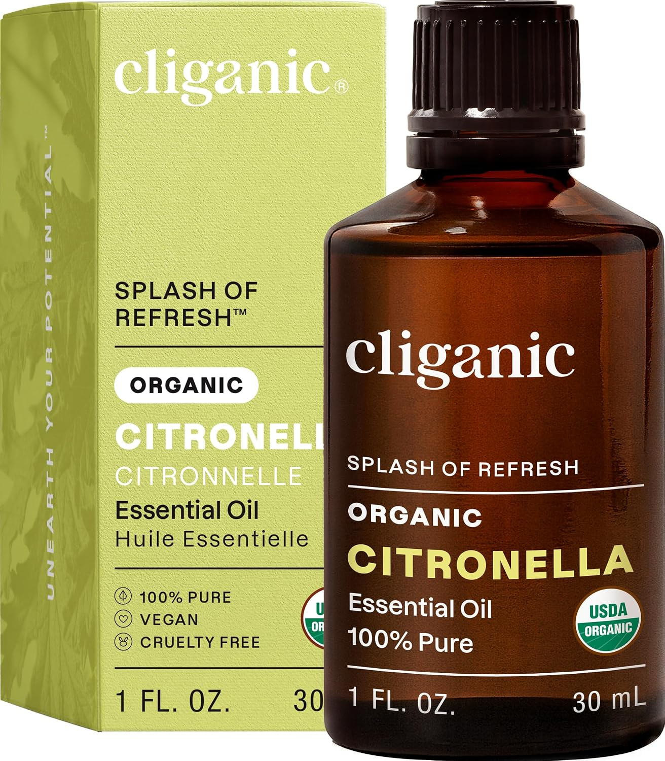 Cliganic Organic Citronella Essential Oil 1 fl oz amber glass bottle with green box USDA Organic Non-GMO Verified 100% pure on white background