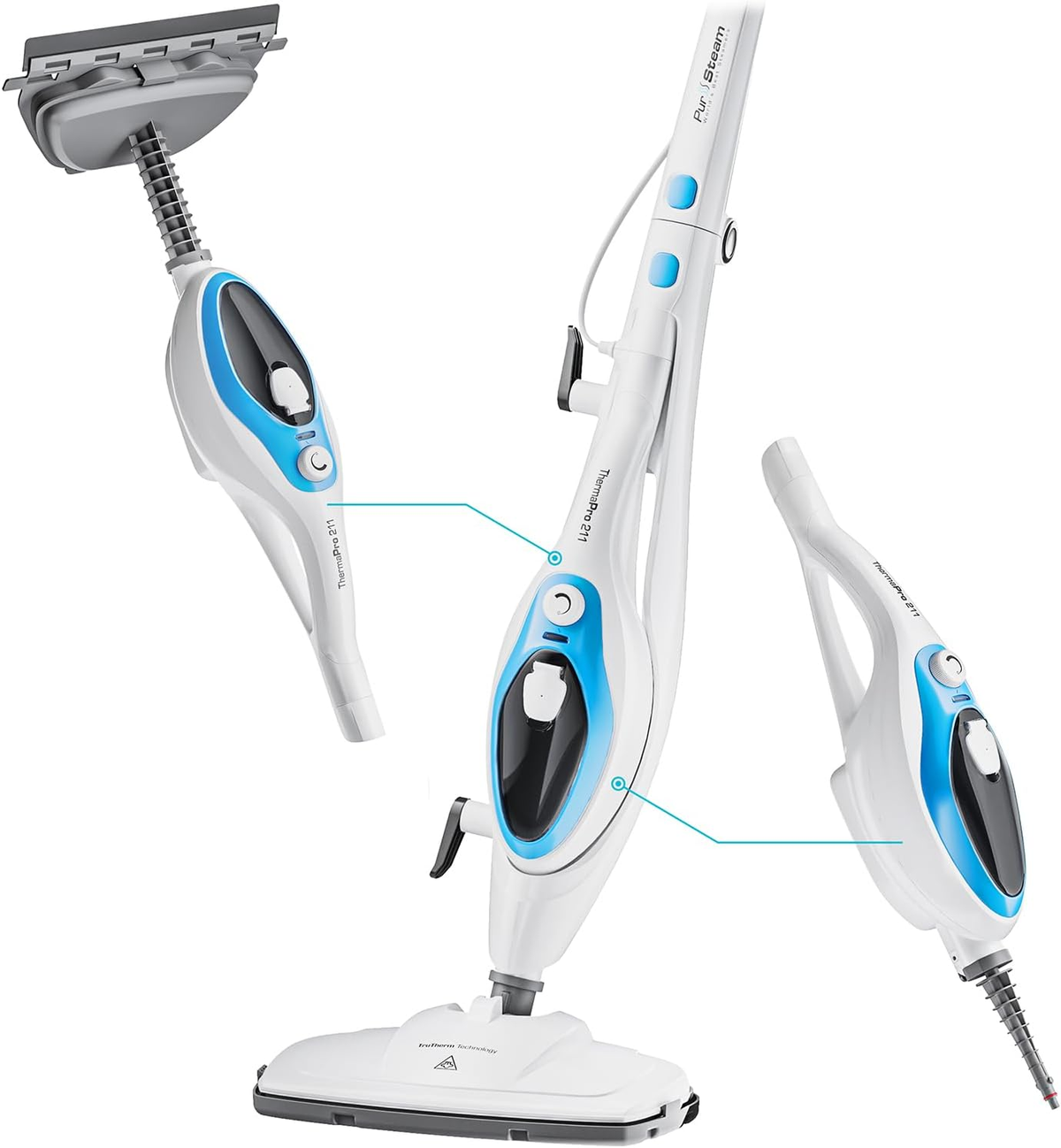 PurSteam 10-in-1 steam mop with detachable handheld steam cleaner shown in three configurations on a white background