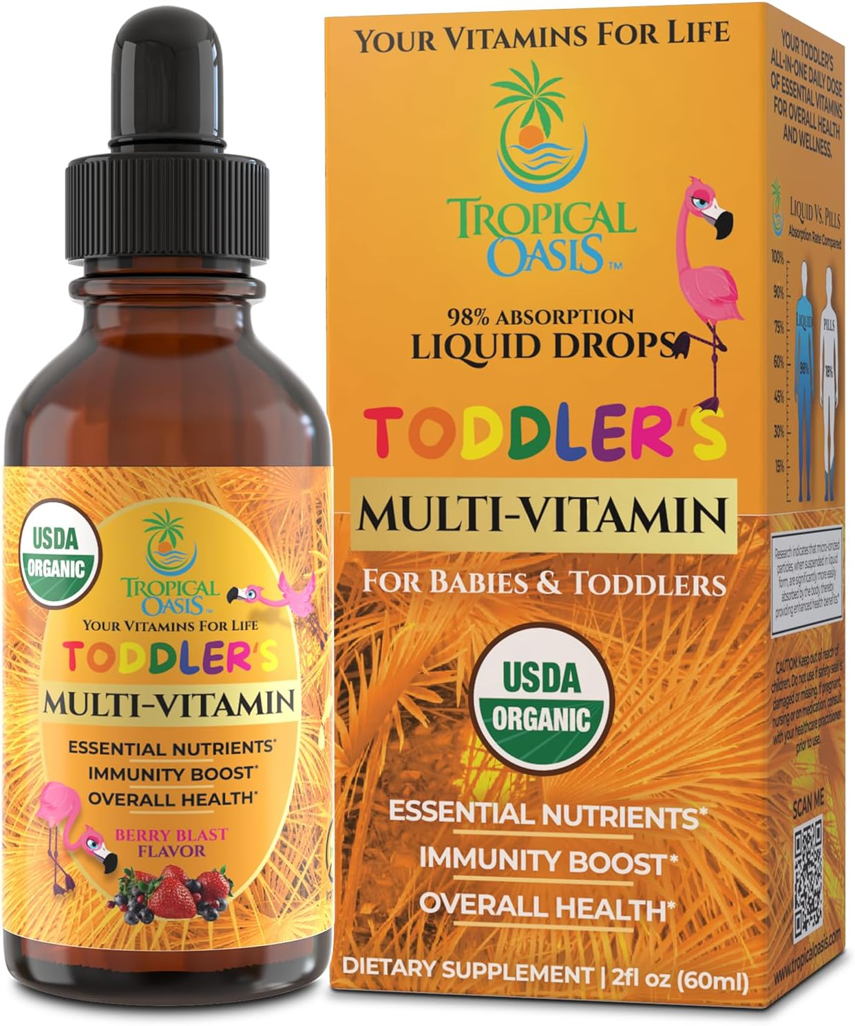 Tropical Oasis USDA Organic Toddler Liquid Multivitamin Drops — Berry Blast Flavor, Ages 1-3, 2 fl oz — BodyWell1