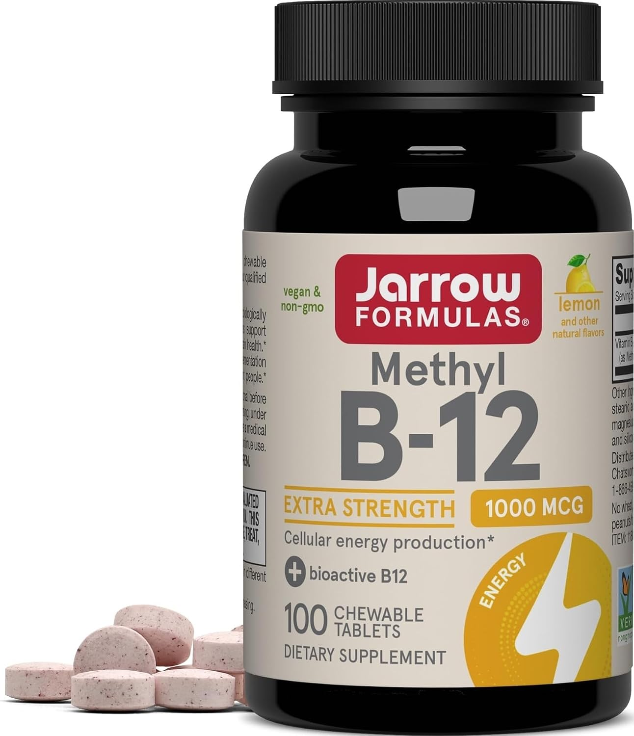 Jarrow Formulas Methyl B-12 Extra Strength 1000mcg chewable tablets — 100 count, lemon flavored, vegan, non-GMO, bioactive methylcobalamin for brain and nerve health
