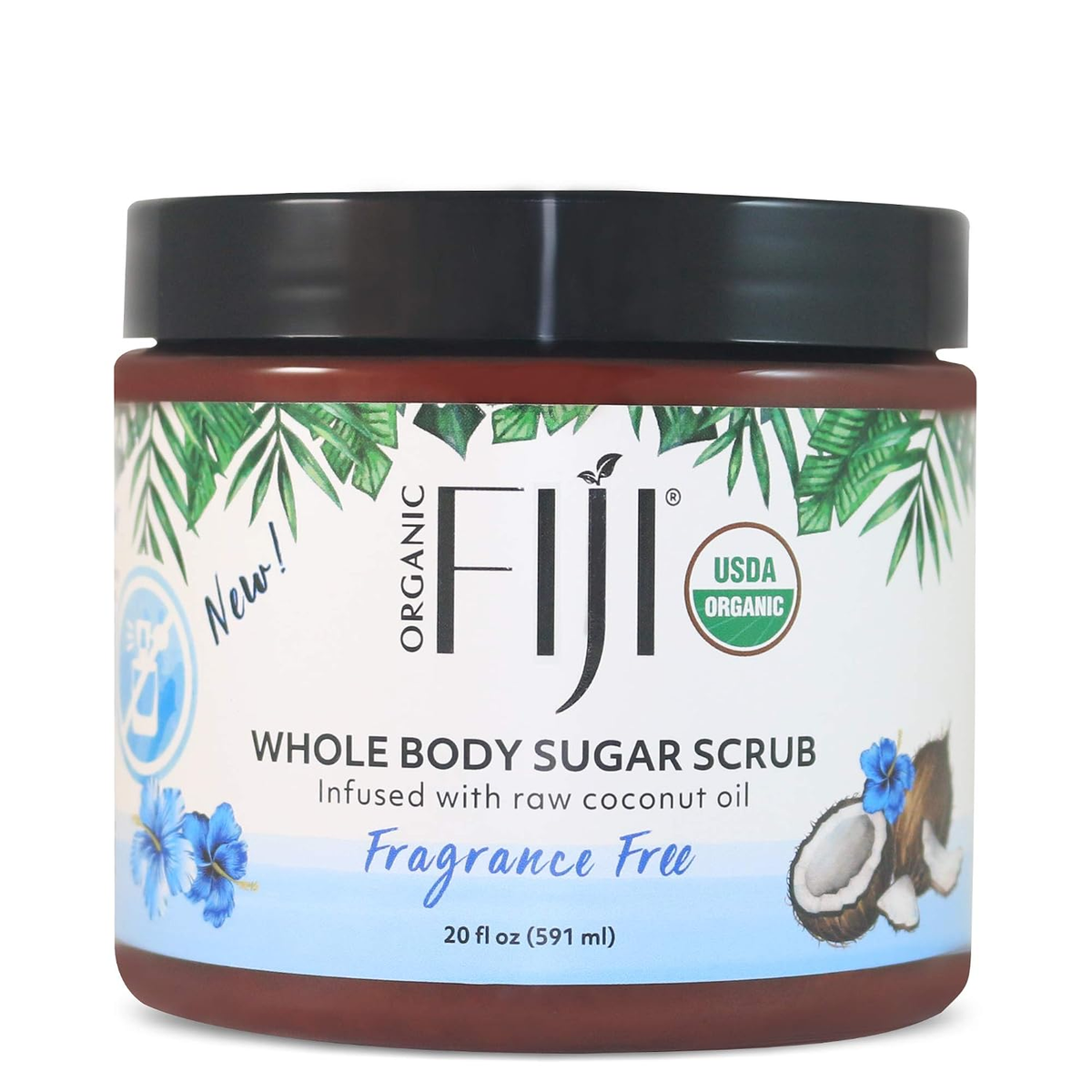 Organic Fiji Whole Body Sugar Scrub, fragrance-free, 20 fl oz jar with coconut oil on white background