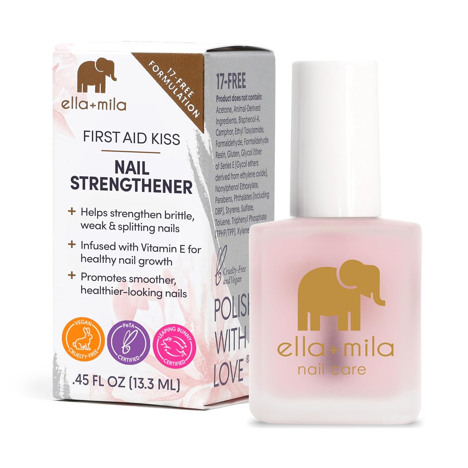 ella+mila First Aid Kiss Nail Strengthener and Hardener bottle with box showing 17-free vegan formula, Leaping Bunny and PETA certified, on white background