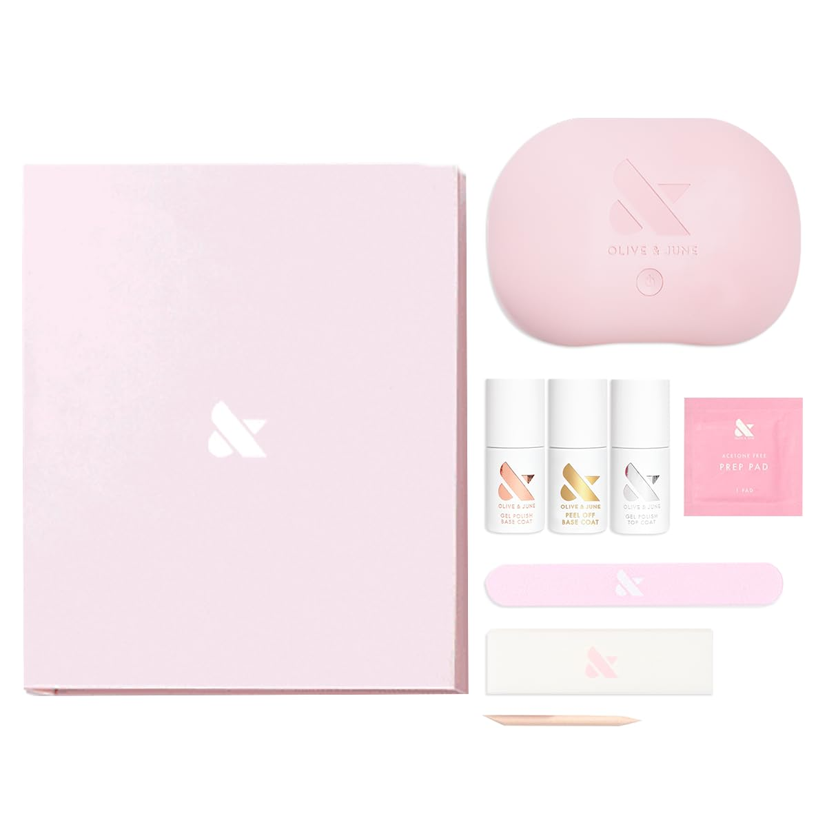 Olive & June Gel Starter Kit flatlay showing blush pink box, LED lamp, gel base coat, peel-off base coat, top coat, nail file, buffer, and peel pad