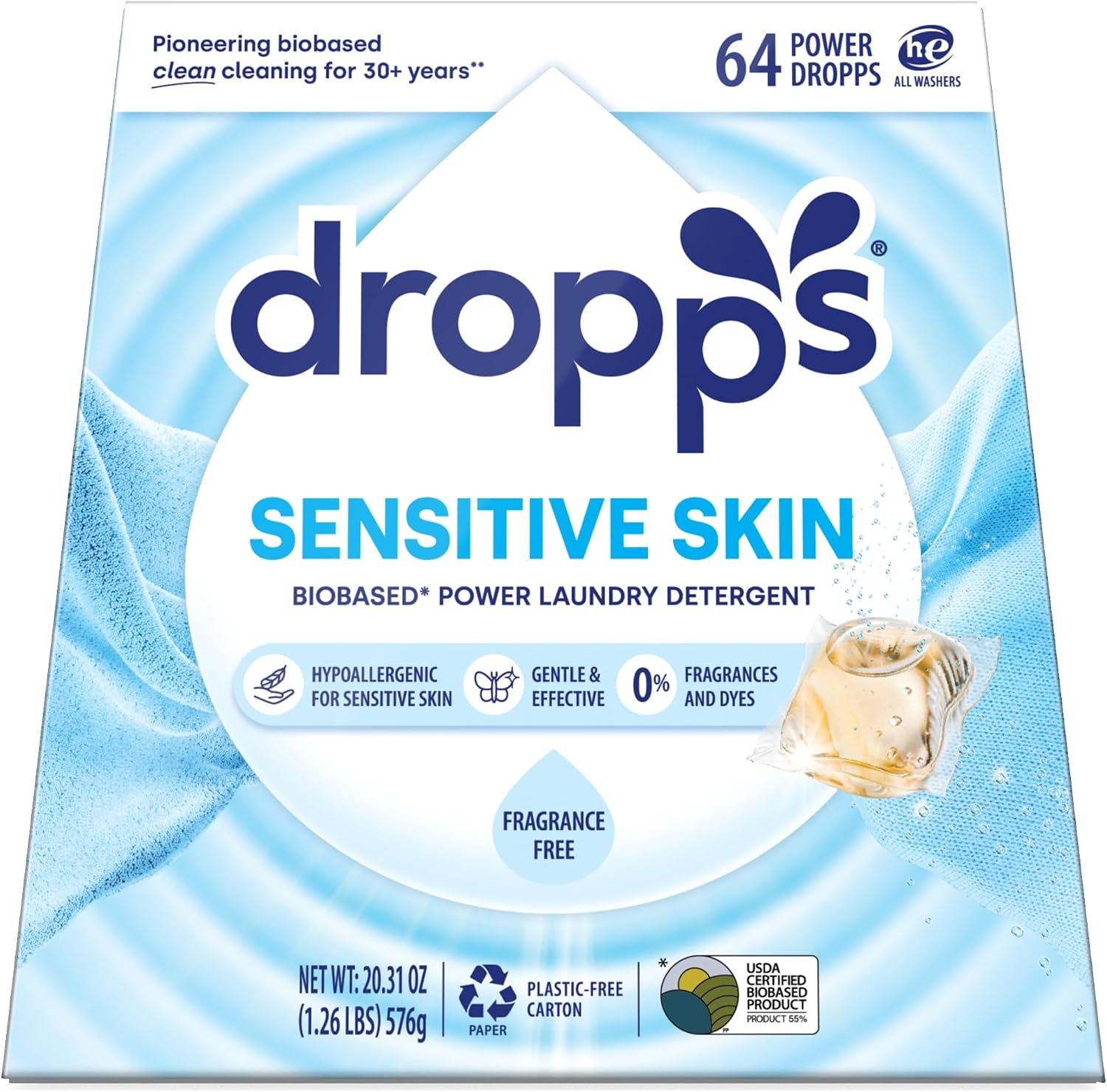 Dropps Sensitive Skin Biobased Power Laundry Detergent 64 count, fragrance-free, hypoallergenic, 0% fragrances and dyes, USDA certified biobased, plastic-free carton on white background