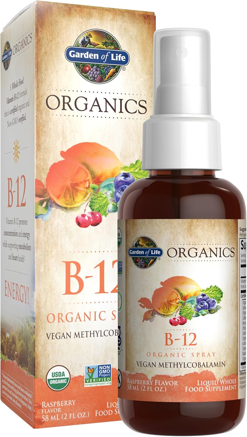 Garden of Life Organics B-12 Organic Spray bottle and box, vegan methylcobalamin, raspberry flavor, 2 fl oz, USDA Organic and Non-GMO Project Verified