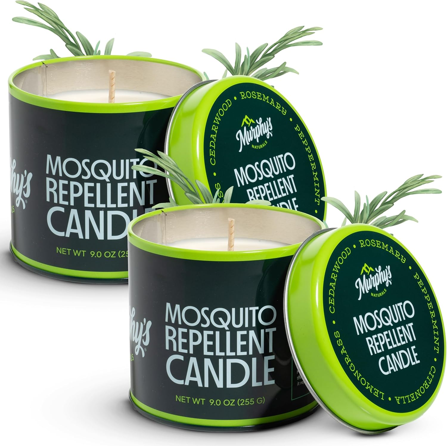 Murphy's Naturals Citronella Mosquito Repellent Candle 2-pack in dark green tins with lime green lids on white background