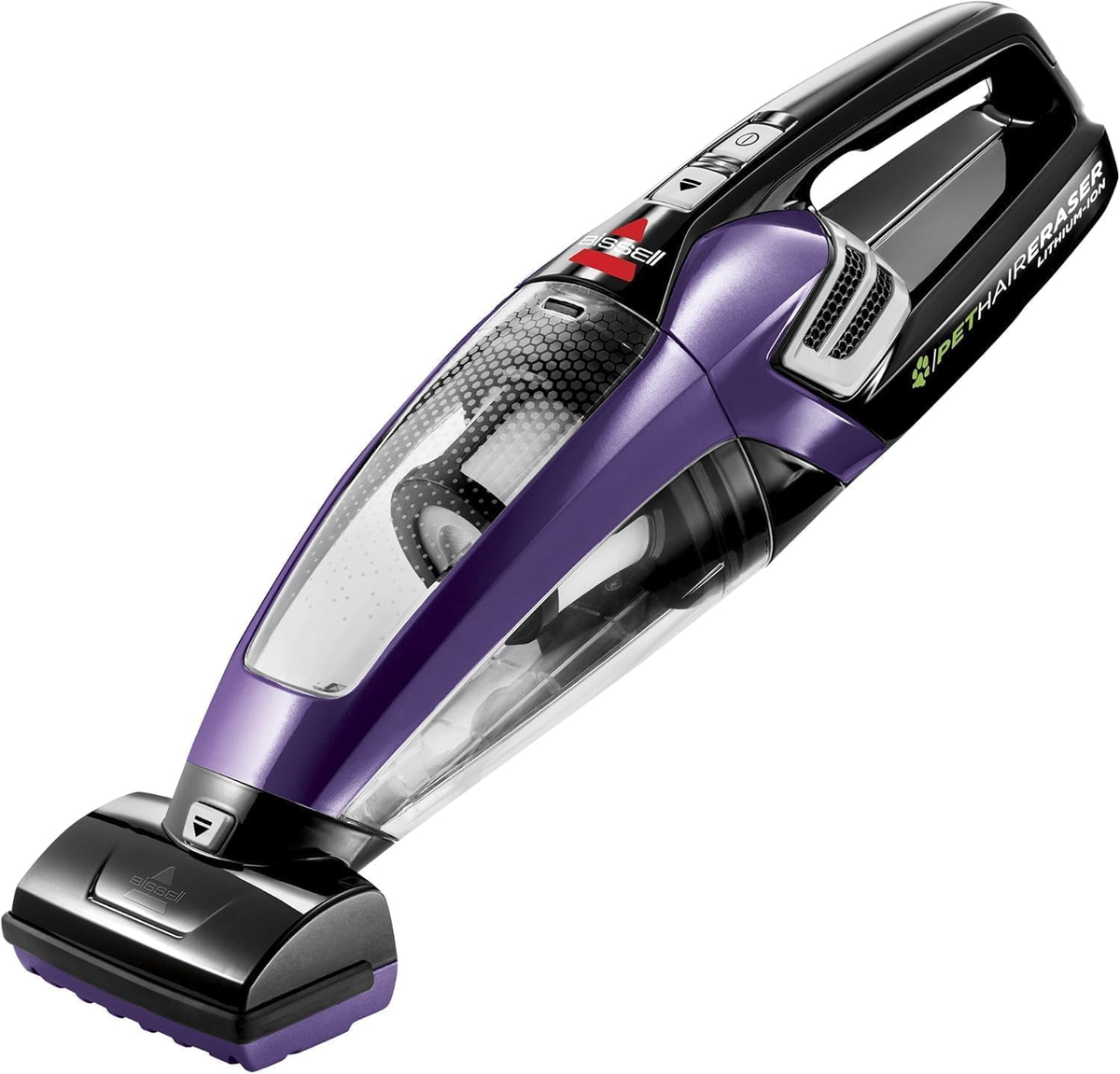 Purple and black BISSELL Pet Hair Eraser cordless handheld vacuum with motorized brush on a white background
