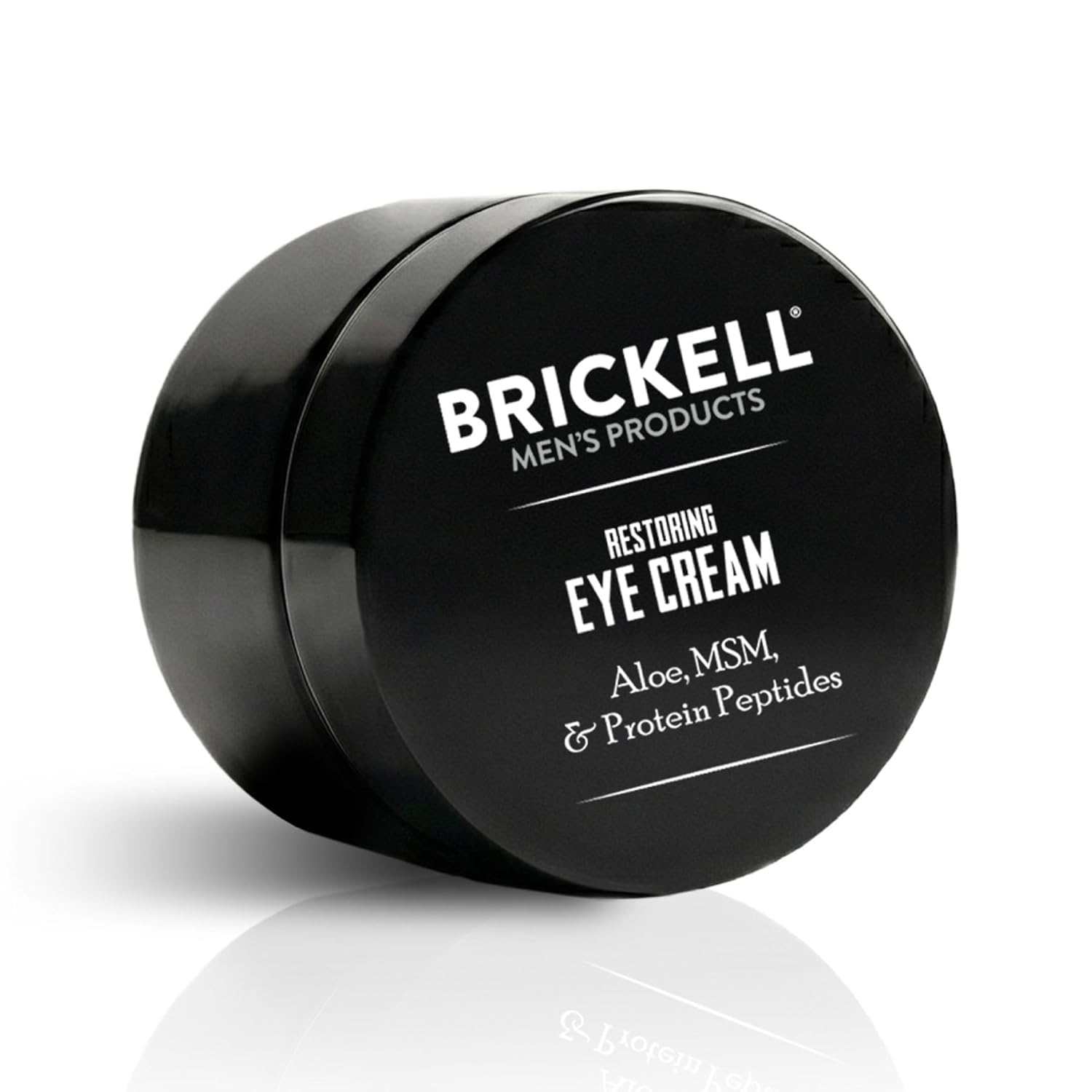 Brickell Men's Restoring Eye Cream black jar with aloe MSM and protein peptides for puffiness dark circles and wrinkles