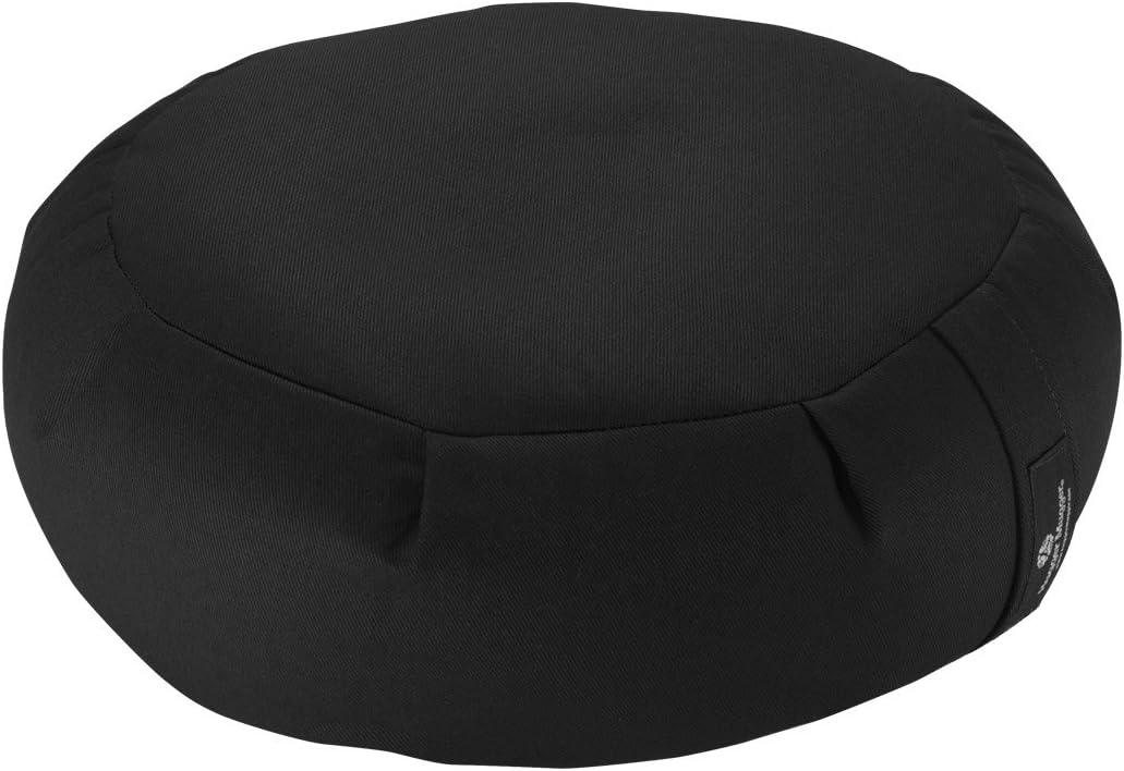 Hugger Mugger Zafu Meditation Cushion black buckwheat fill handmade in USA on white background