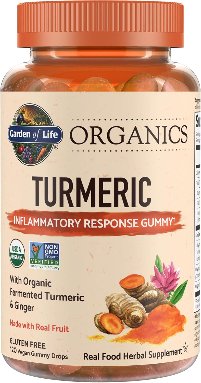 Garden of Life Organics Turmeric Inflammatory Response Gummy bottle, USDA Organic and Non-GMO Project Verified, with organic fermented turmeric and ginger, gluten free, 120 vegan gummy drops