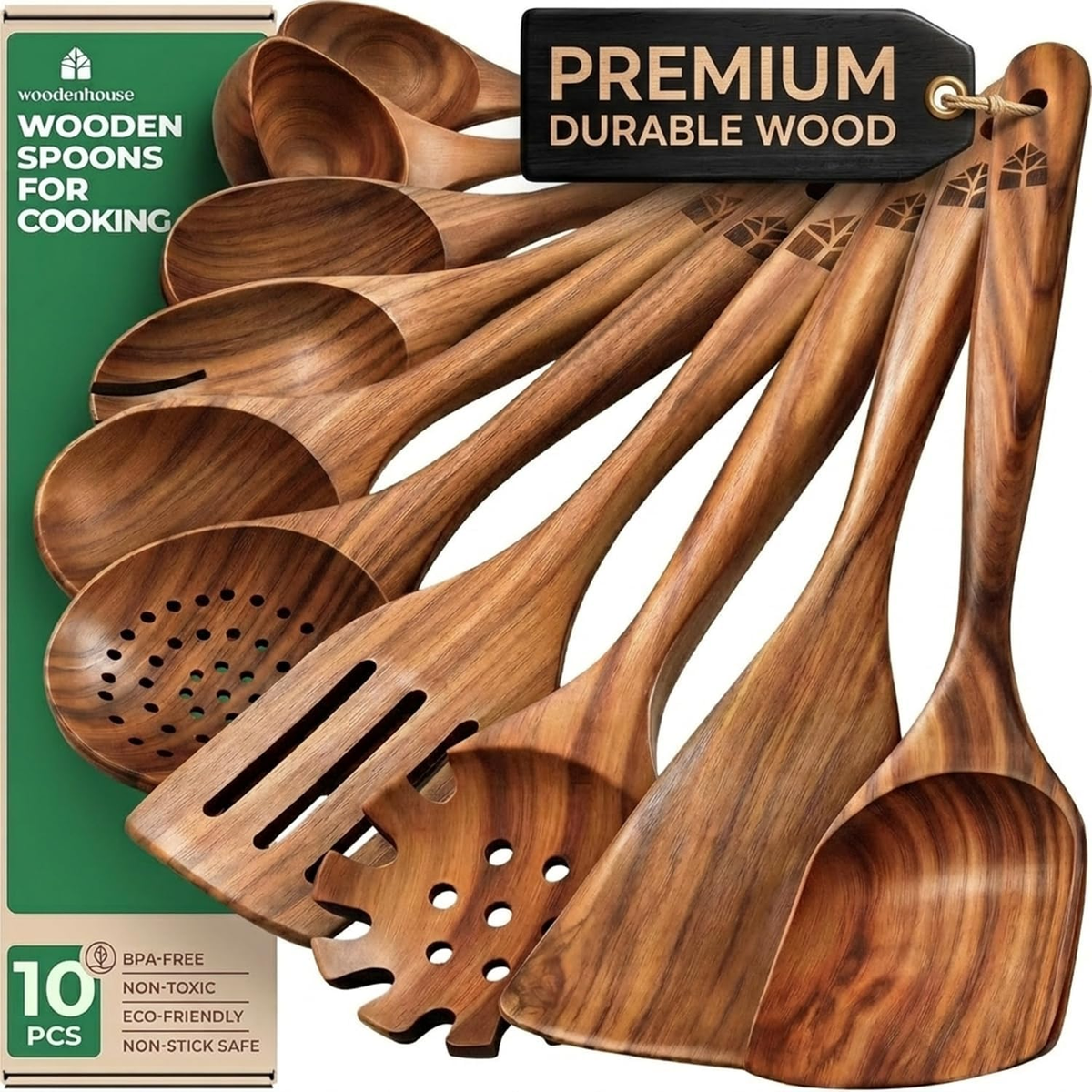 Woodenhouse 10-Piece Teak Wood Cooking Utensil Set — non-toxic BPA-free natural teak spatulas spoons ladle and salad fork on white background
